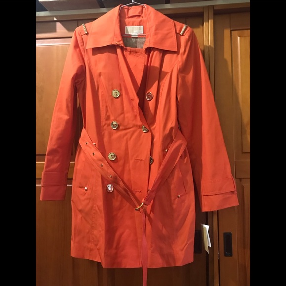 Michael Kors Trench coat poppy orange w/ gold accents size Small - Picture 2 of 9
